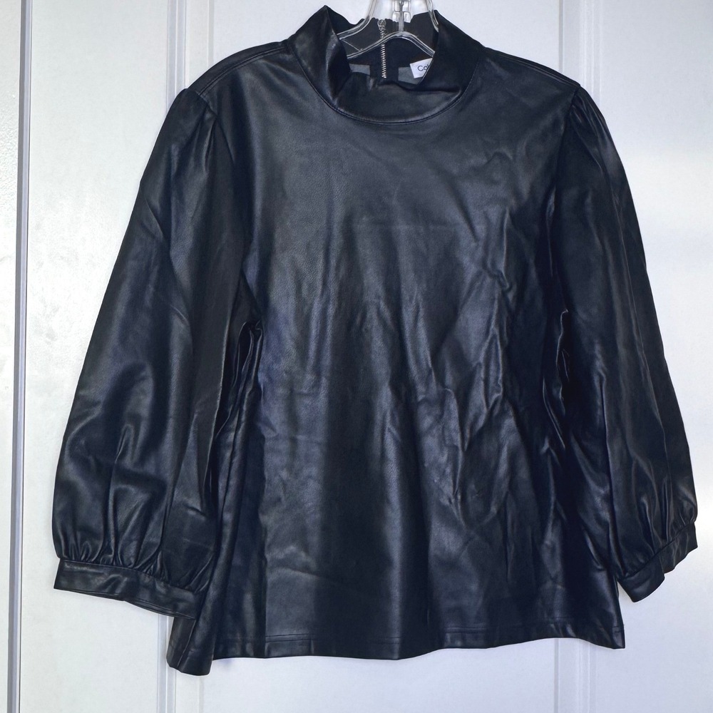 Calvin Klein Womens Faux Leather Mock Neck Puff Sleeve Top Black K1HAO542 BLK